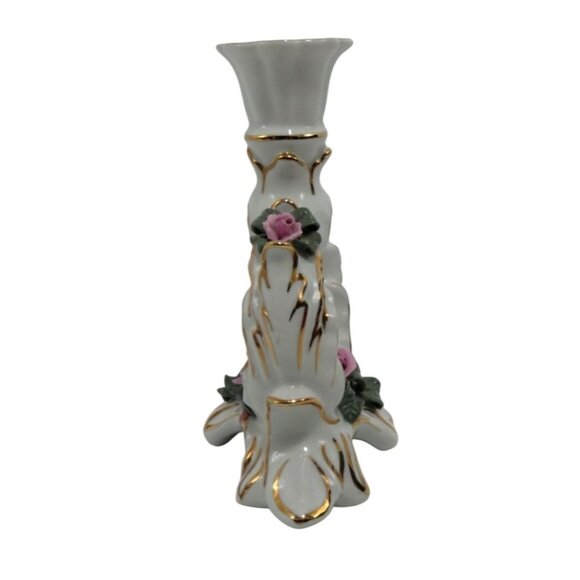 DRESDEN Porcelain Rose Heart CANDLE Holder Gold Accents and Pink Rose Germany Vi - Picture 9 of 10